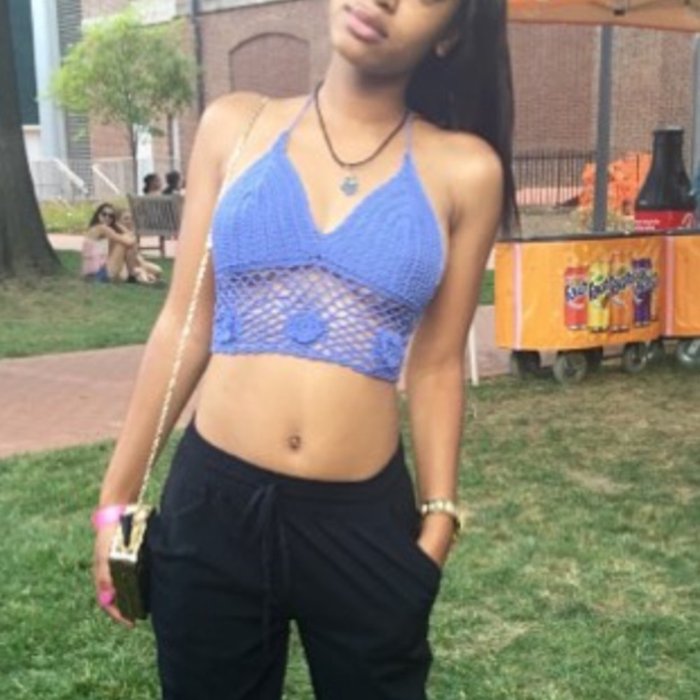 Purple Handmade Knit Cropped Open Back Halter Top
